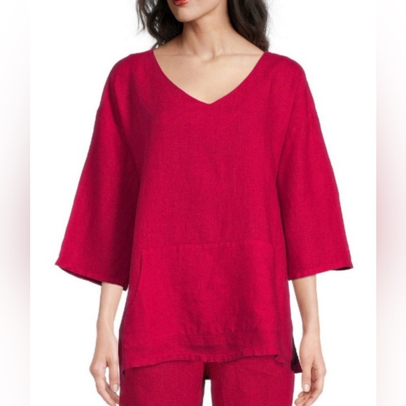 BRYN WALKER Judy Tunic Top Shirt Blouse 100% Linen Burgundy Kangaroo Pocket - Picture 11 of 14